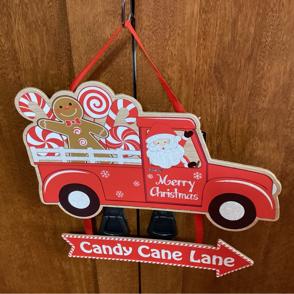 NWTS 10” by 11” hanging Christmas House sign Candy Cane Lane with red pickup